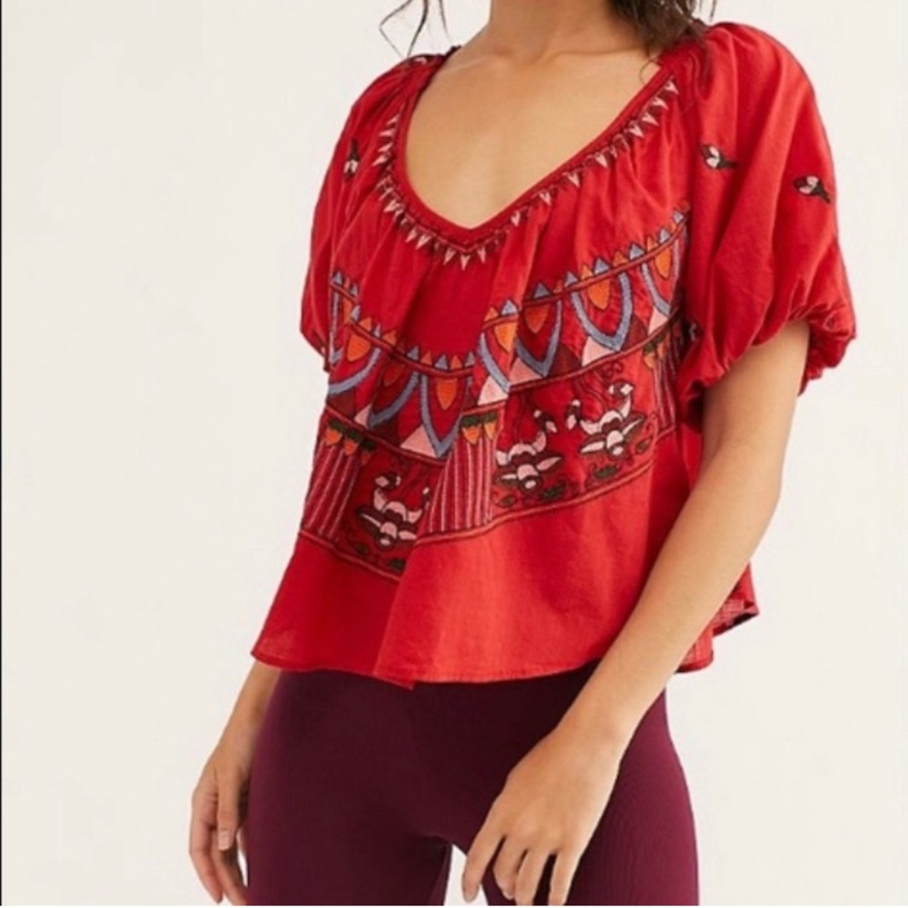 Free People Wind In Her Hair Boho Embroidered Top Balloon Puff Sleeve